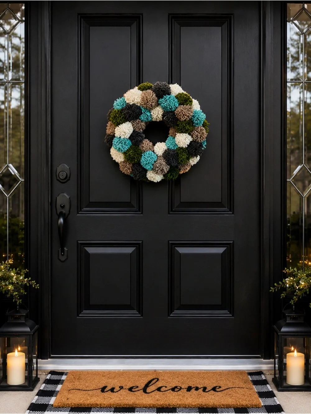 Hand Crafted Teal, Cream, Brown, Dark Green and Tan Pom-Pom Holiday Wreath.